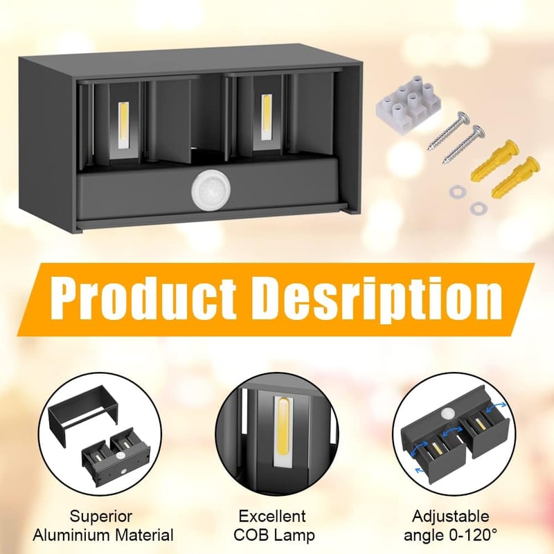 Klighten 24W Mozgásérzékelős Kültéri Fali Lámpa IP65 Meleg Fehér - 1pcs, Darkgray