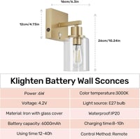 Klighten 6000 mAh Vezeték Nélküli Fali Lámpa Távirányítóval - 2 db Tölthető Arany Falikar Üveg Burával, 3000K Meleg Fehér LED, 500lm, Nappal 2