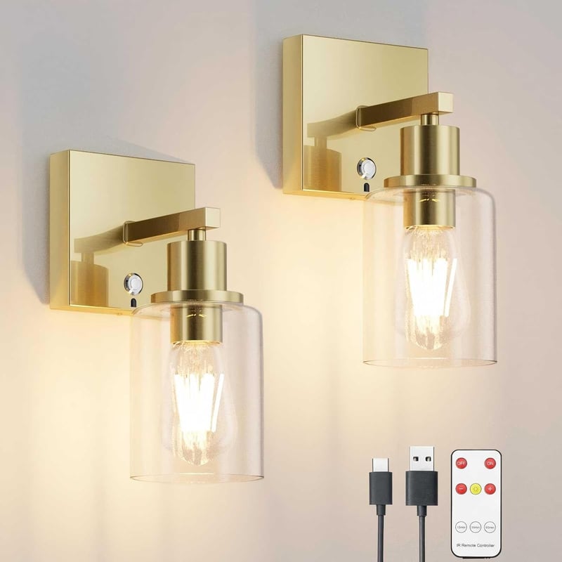 Klighten 6000 mAh Vezeték Nélküli Fali Lámpa Távirányítóval - 2 db Tölthető Arany Falikar Üveg Burával, 3000K Meleg Fehér LED, 500lm, Nappal