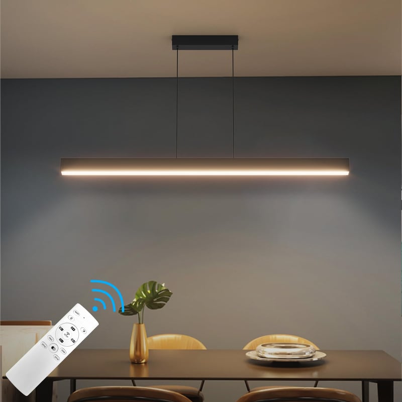 Čierne lineárne závesné LED svietidlo Klighten nad jedálenský stôl, stmievateľné diaľkovým ovládačom, 3000K-6000K, 36W, nastaviteľná výška 150 cm