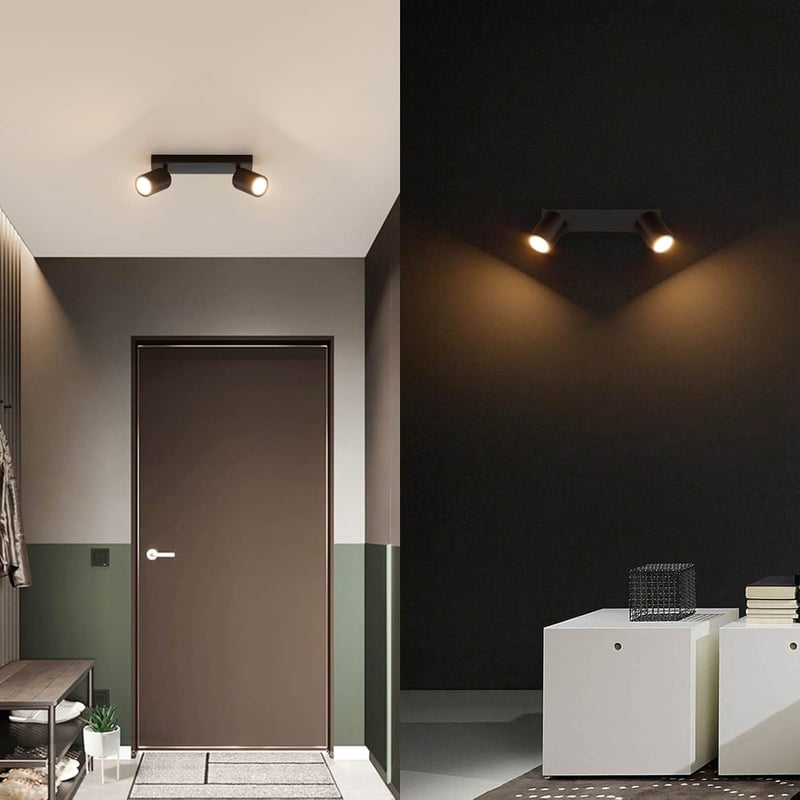 Klighten Fekete Mennyezeti Spotlámpa 2 GU10 Foglalattal - Forgatható, Állítható Fali Lámpatest Konyhába, Nappaliba, Hálószobába, Alumínium-V