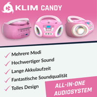 KLIM Candy Kids prenosný CD prehrávač pre deti – FM rádio – vstavané reproduktory – batérie súčasťou balenia – ružový 2