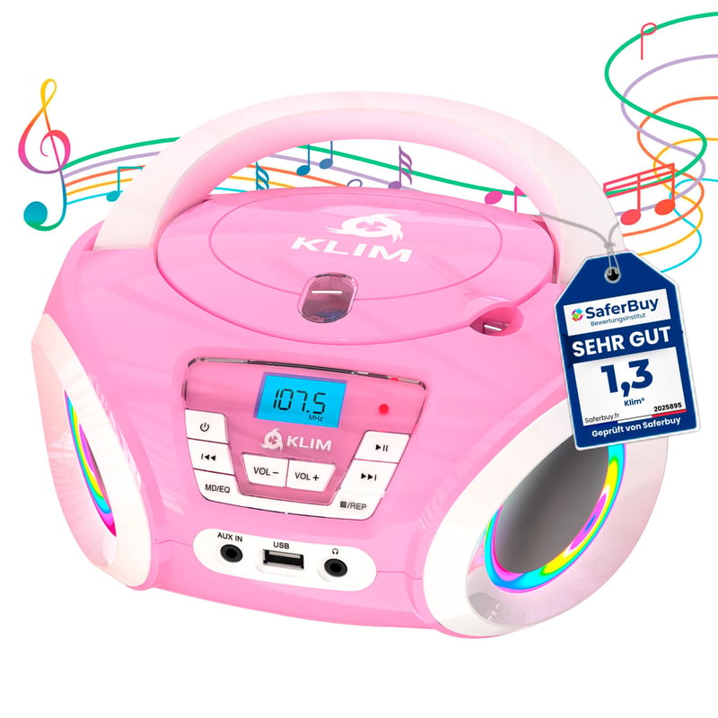 KLIM Candy Kids prenosný CD prehrávač pre deti – FM rádio – vstavané reproduktory – batérie súčasťou balenia – ružový