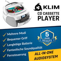 KLIM CD a kazetový prehrávač, Bluetooth boombox, AM/FM rádio, USB, AUX, diaľkové ovládanie, stereo zvuk, biely 2
