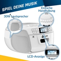 KLIM CD a kazetový prehrávač, Bluetooth boombox, AM/FM rádio, USB, AUX, diaľkové ovládanie, stereo zvuk, biely 6