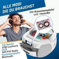 KLIM CD a kazetový prehrávač, Bluetooth boombox, AM/FM rádio, USB, AUX, diaľkové ovládanie, stereo zvuk, biely 3