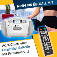 KLIM CD a kazetový prehrávač, Bluetooth boombox, AM/FM rádio, USB, AUX, diaľkové ovládanie, stereo zvuk, biely 5