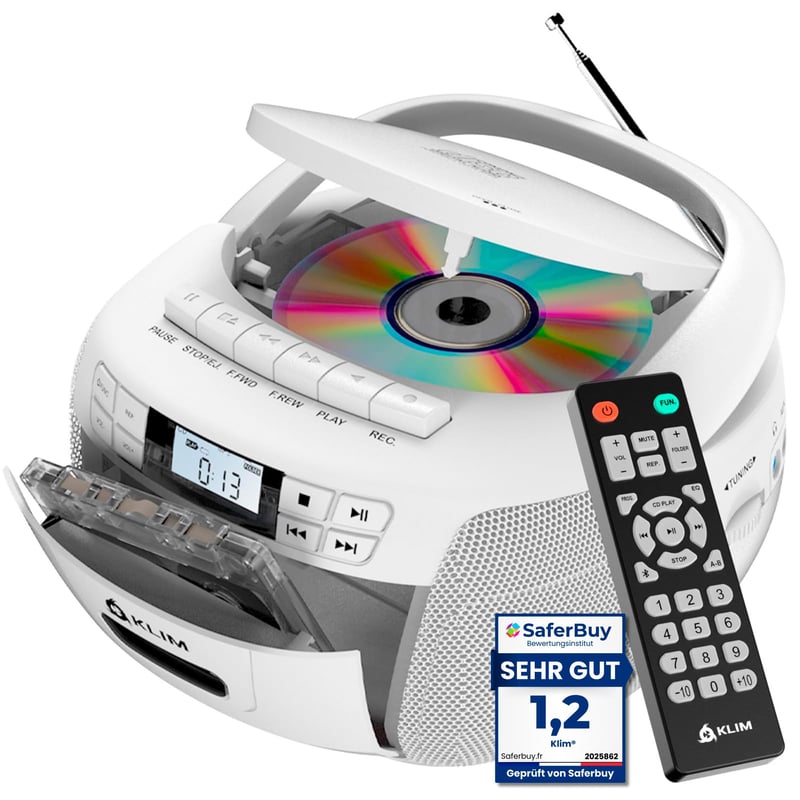 KLIM CD a kazetový prehrávač, Bluetooth boombox, AM/FM rádio, USB, AUX, diaľkové ovládanie, stereo zvuk, biely