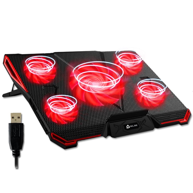 KLIM Cyclone Podloga za hlađenje laptopa i stalak - rashladna podloga s 5 ventilatora protiv pregrijavanja - Kompatibilna s PC, PS4, Xbox One uređajima - Crvena