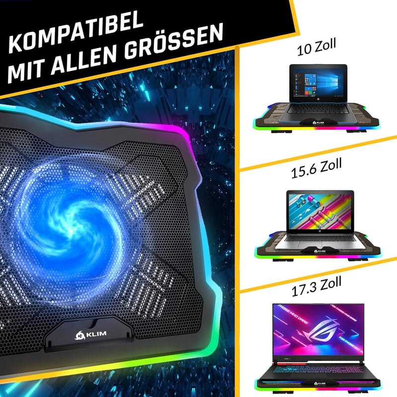 KLIM Cyclone laptop hűtőpad 5 ventilátorral, állvánnyal és maximális hűtéshez