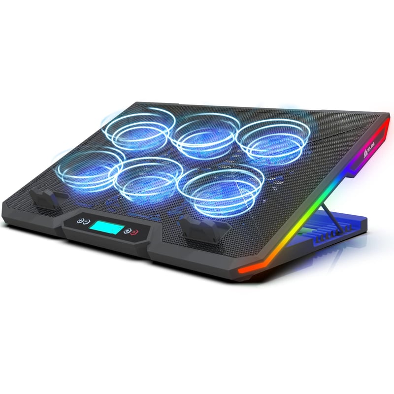 KLIM Glacier rashladni stalak za laptop - 6 ventilatora s RGB pozadinskim osvjetljenjem - za laptope od 11 do 17 inča - stabilna i tiha gamerska podloga za hlađenje - USB napajanje