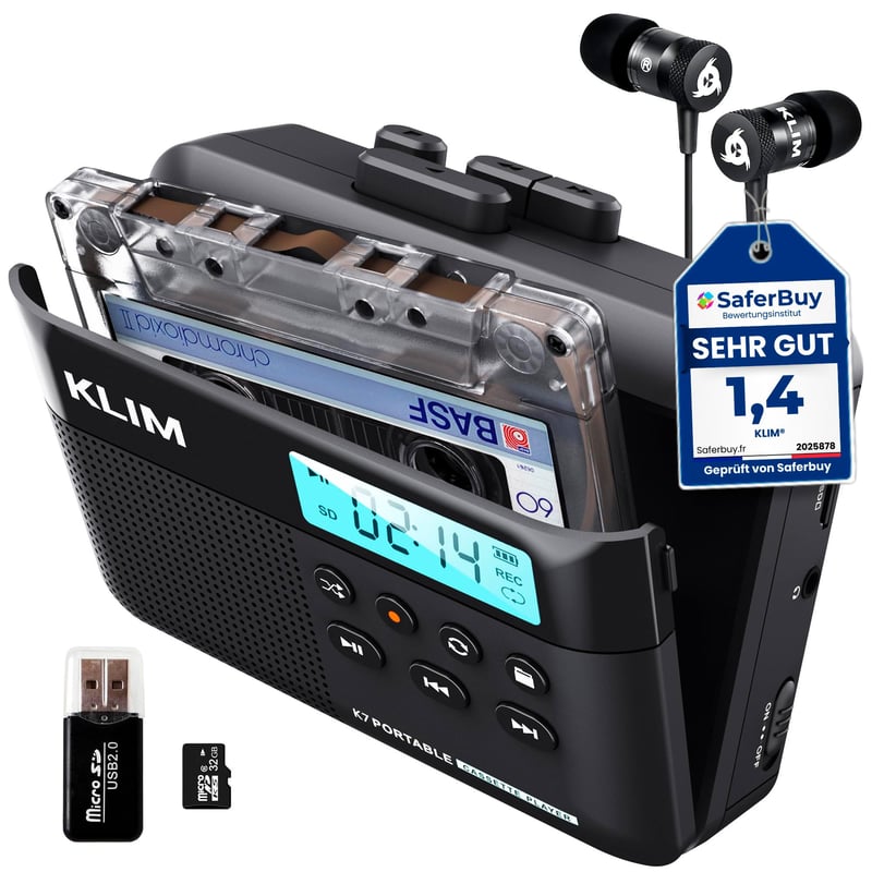 Kazetový prehrávač a rekordér KLIM K7 – prevodník na MP3, 16GB SD karta, vstavaný mikrofón a reproduktor, nabíjateľná batéria, slúchadlá
