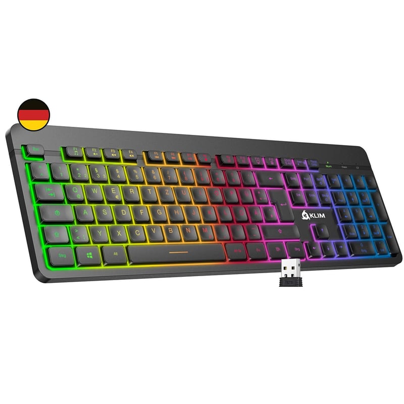 Bezdrôtová herná klávesnica KLIM Light V2 QWERTZ - Nízkoprofilová, ergonomická, vodeodolná, RGB podsvietenie, kompatibilná s PC/Mac/PS4/PS5, Hos