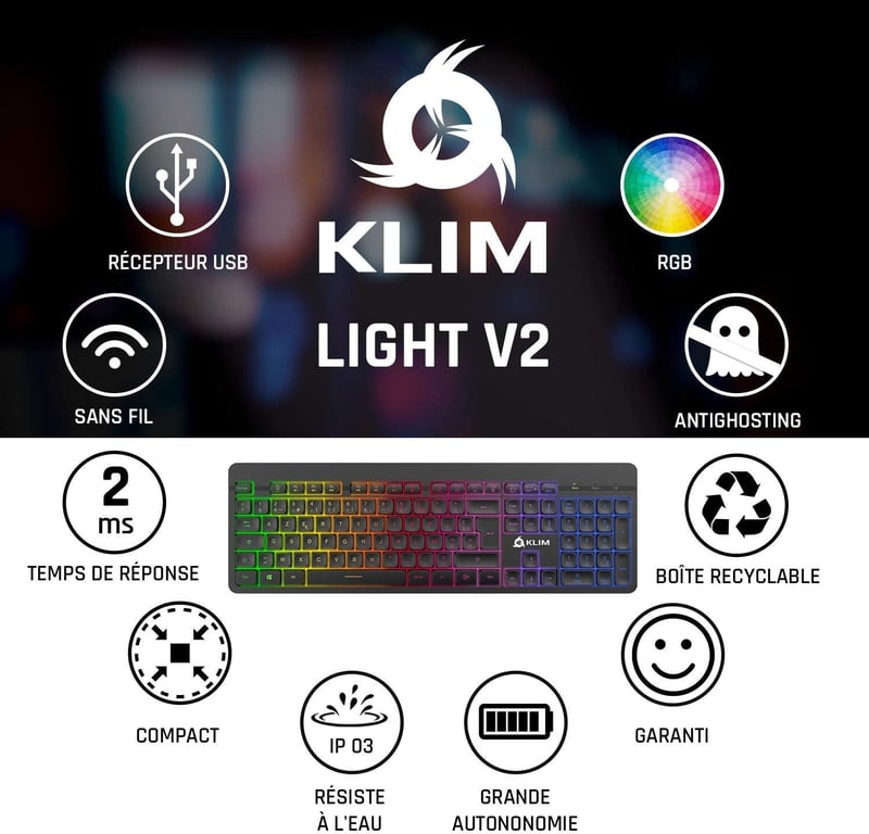 KLIM Light V2 Wireless AZERTY Billentyűzet, Vízálló, Csendes, Gaming, PC Mac PS4 PS5