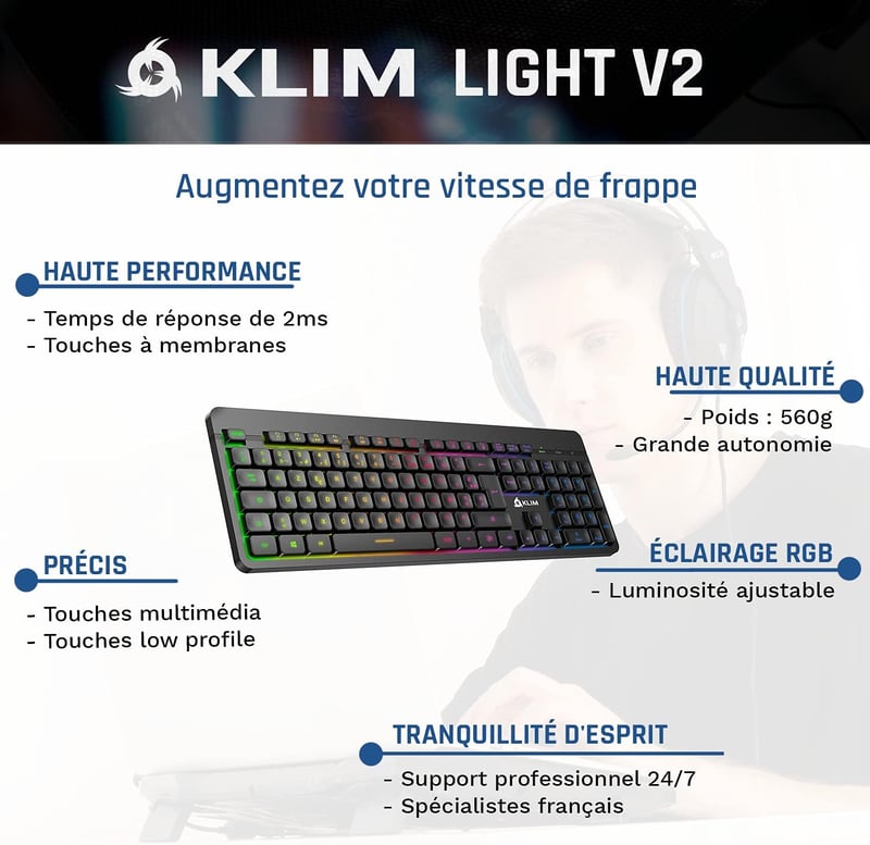 KLIM Light V2 Wireless AZERTY Billentyűzet, Vízálló, Csendes, Gaming, PC Mac PS4 PS5