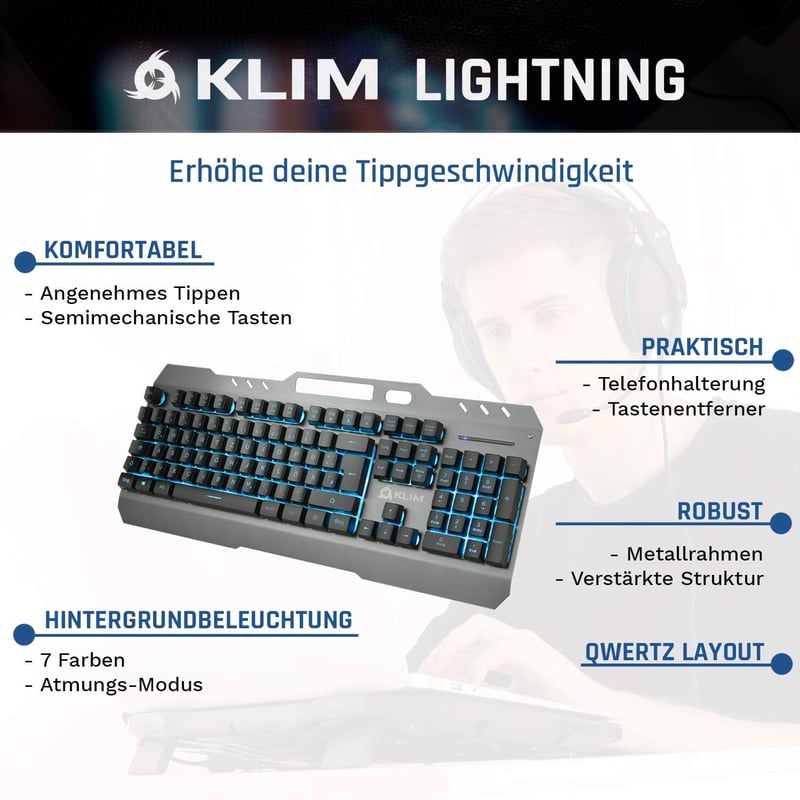 KLIM Lightning Gamer Billentyűzet Fémes Keret QWERTZ Hibrid Mechanikus