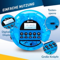 KLIM Nomad hordozható CD-lejátszó Bluetooth/FM/TF/AUX, fejhallgatóval - átlátszó kék 7