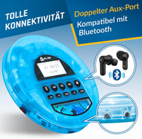 KLIM Nomad hordozható CD-lejátszó Bluetooth/FM/TF/AUX, fejhallgatóval - átlátszó kék 8