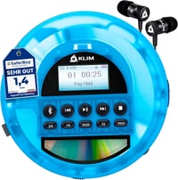 KLIM Nomad hordozható CD-lejátszó Bluetooth/FM/TF/AUX, fejhallgatóval - átlátszó kék 1