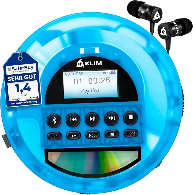 KLIM Nomad hordozható CD-lejátszó Bluetooth/FM/TF/AUX, fejhallgatóval - átlátszó kék