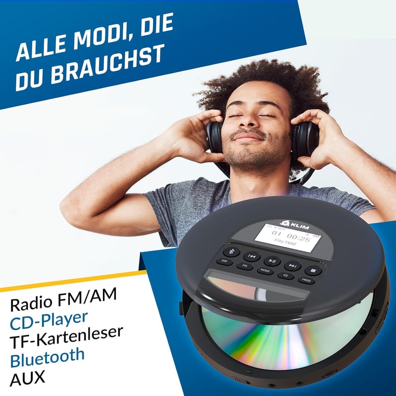 KLIM Nomad Hordozható CD-Lejátszó Discman Hosszú Üzemidejű Akkumulátorral - Fejhallgatóval - CD-R, CD-RW, MP3 Kompatibilis - TF Kártyaolvasó