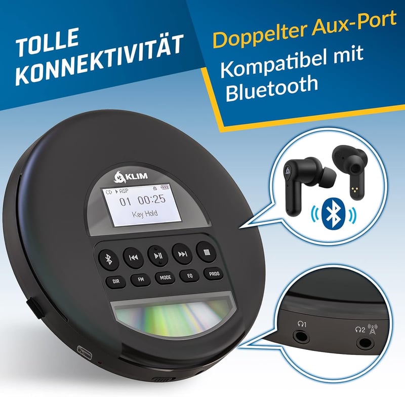 KLIM Nomad Hordozható CD-Lejátszó Discman Hosszú Üzemidejű Akkumulátorral - Fejhallgatóval - CD-R, CD-RW, MP3 Kompatibilis - TF Kártyaolvasó