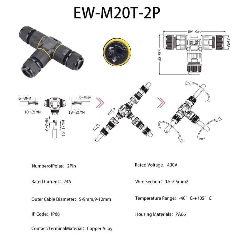 KLJ IP68 vízálló 2 tűs M20 kábelcsatlakozó, 5-12 mm kábelátmérő, tömszelence csatlakozó terminál fekete szürke, 1 db
