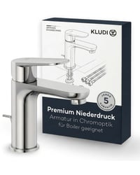 Nízkotlaková umývadlová batéria Kludi X1, chróm, výška výtoku 95 mm, veľkosť M, zmiešavacia batéria s keramickou kartušou, s 3 pripojovacími hadicami 1
