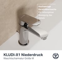 Nízkotlaková umývadlová batéria Kludi X1, chróm, výška výtoku 95 mm, veľkosť M, zmiešavacia batéria s keramickou kartušou, s 3 pripojovacími hadicami 5