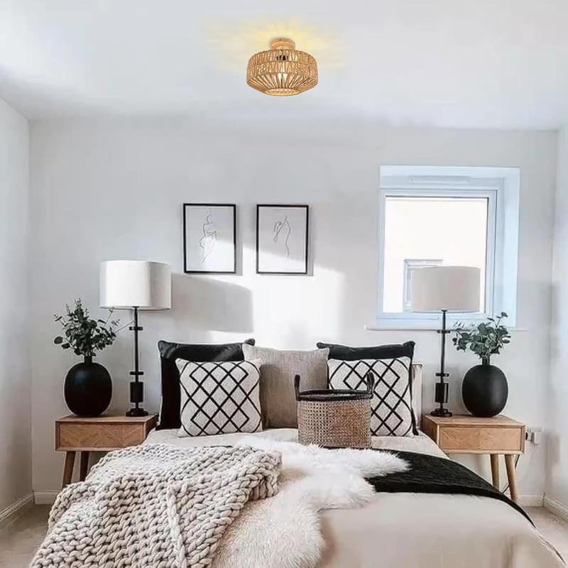 KMaiPem Boho Rattan Mennyezeti Lámpa Nappali Hálószoba Konyha Natúr Farmhouse Fa