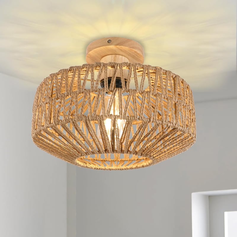 KMaiPem Boho Rattan Mennyezeti Lámpa Nappali Hálószoba Konyha Natúr Farmhouse Fa