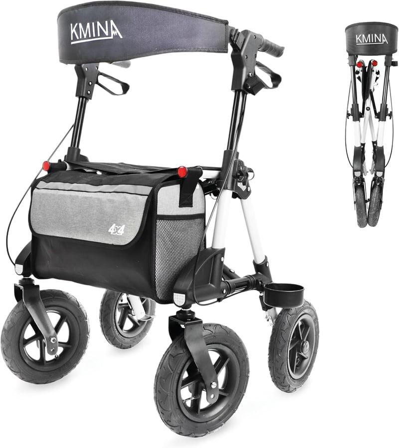 KMINA kültéri összecsukható rollátor ülőrésszel és háttámlával, pneumatikus 25 cm kerekekkel, terepjáró, 136 kg-ig, alumínium