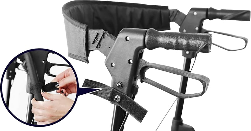 KMINA kültéri összecsukható rollátor ülőrésszel és háttámlával, pneumatikus 25 cm kerekekkel, terepjáró, 136 kg-ig, alumínium