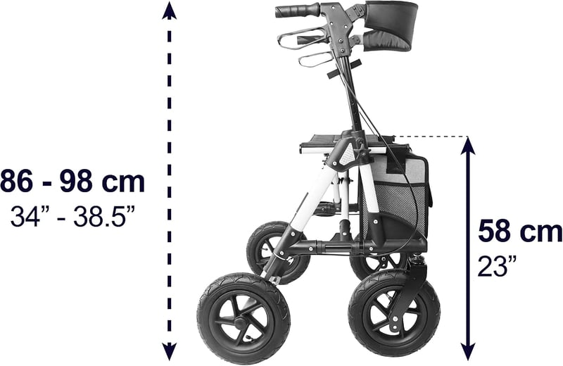 KMINA kültéri összecsukható rollátor ülőrésszel és háttámlával, pneumatikus 25 cm kerekekkel, terepjáró, 136 kg-ig, alumínium