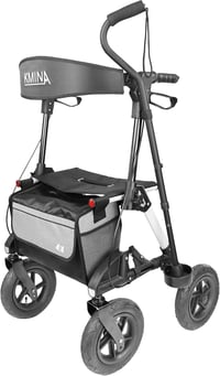 KMINA kültéri összecsukható rollátor ülőrésszel és háttámlával, pneumatikus 25 cm kerekekkel, terepjáró, 136 kg-ig, alumínium 6