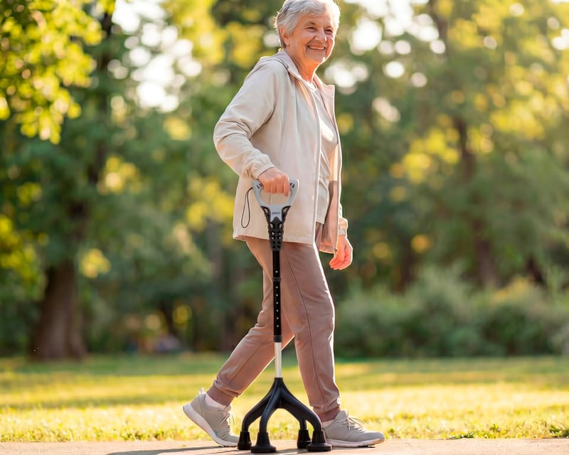 KMINA négylábú járóbot ergonomikus fogantyúval, állítható magasság 155cm felett, stabil 1,5kg