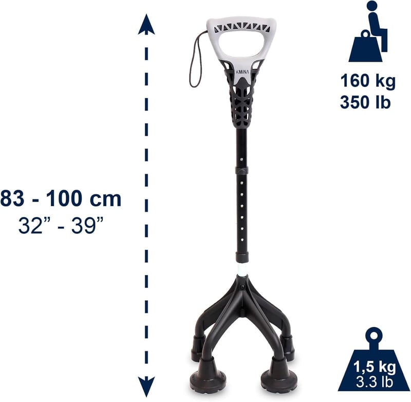 KMINA négylábú járóbot ergonomikus fogantyúval, állítható magasság 155cm felett, stabil 1,5kg