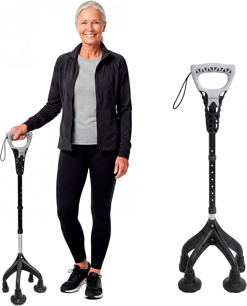 KMINA négylábú járóbot ergonomikus fogantyúval, állítható magasság 155cm felett, stabil 1,5kg