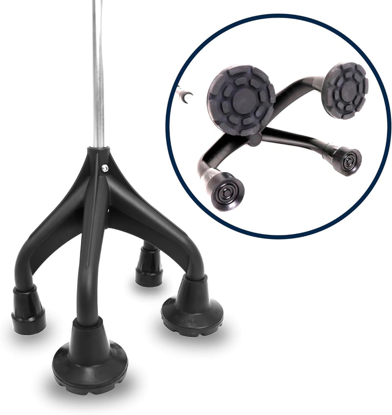 KMINA négylábú járóbot ergonomikus fogantyúval, állítható magasság 155cm felett, stabil 1,5kg