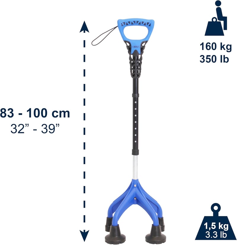 KMINA négylábú sétabot ergonomikus fogantyúval, állítható, 1,5 kg