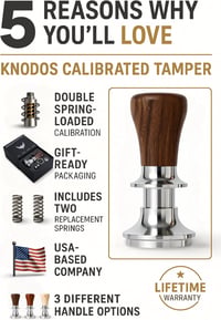 Tamper KNODOS de 58,5 mm cu mâner din lemn de nuc, cu autoreglare și design calibrat cu arc dublu pentru portafiltru de 58 mm 3