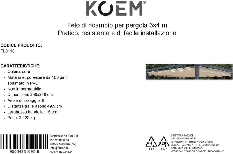 KOEM Pergola Pótlóvászon 3x4m Poliészter Ekrü Fedél