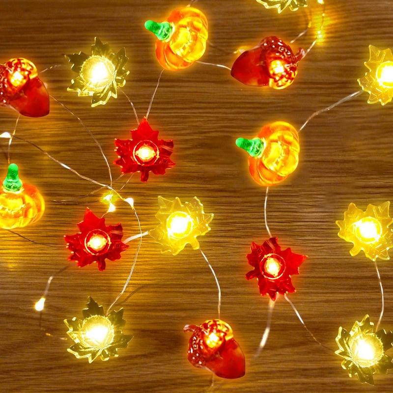 Ghirlandă luminoasă de toamnă KOIROI, 300 cm, 30 LED-uri, decorațiune cu frunze de arțar, dovleci și ghinde, cu temporizator, pentru interior, Halloween, Ziua Recunoștinței, decor de toamnă