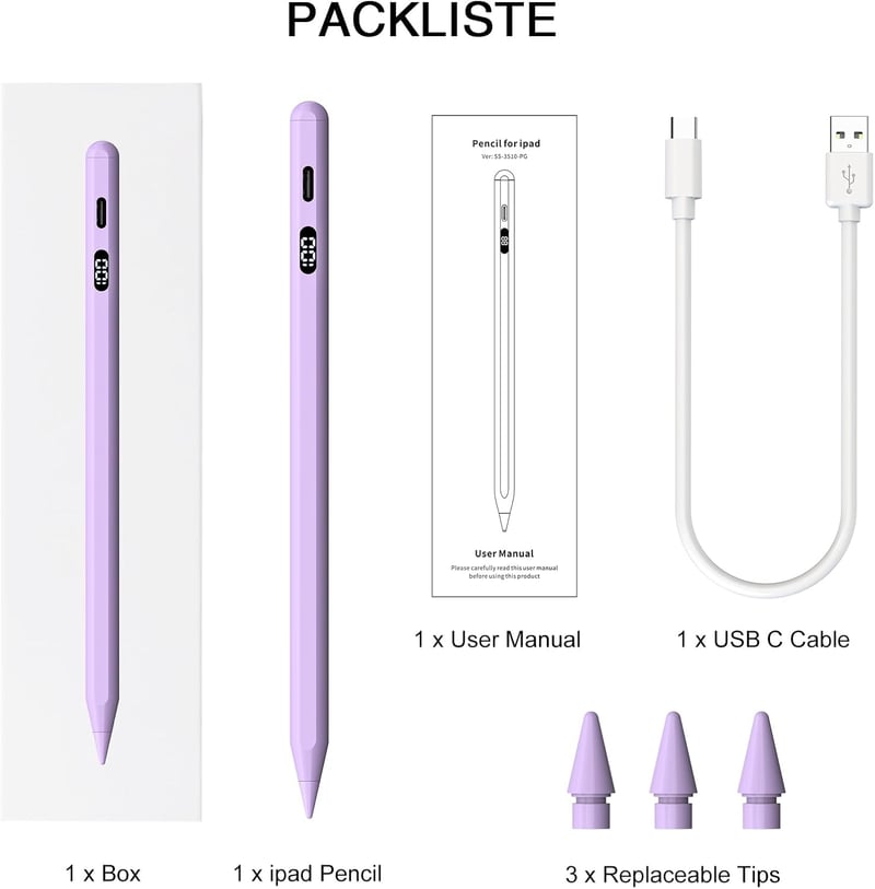 KOKABI 2. Generációs iPad Ceruza LED Kijelzővel - USB-C Töltés, Tenyérérzékelés, Dőlésérzékelés - iPad 6-10, Pro 11"/12.9", Air 3/4/5, Mini 