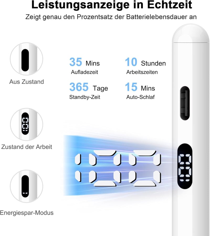 KOKABI Digitális Ceruza iPad-hez LED Kijelzővel - USB-C Töltés, Tenyérérzékelés, Dőlésérzékelés - iPad 6-10, iPad Pro, Air, Mini Kompatibili