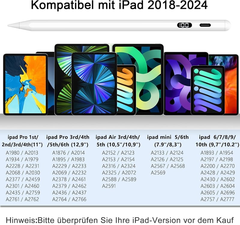 KOKABI Digitális Ceruza iPad-hez LED Kijelzővel - USB-C Töltés, Tenyérérzékelés, Dőlésérzékelés - iPad 6-10, iPad Pro, Air, Mini Kompatibili