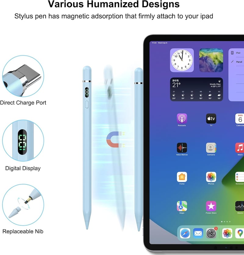 KOKABI iPad Ceruza - USB-C Töltésű Digitális Toll Tenyérérzékelővel és Dőlésérzékenységgel iPad 6-10, Pro 11"/12.9", Air 3/4/5, Mini 5/6 Mod
