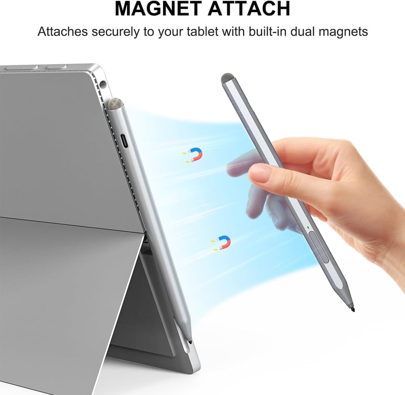 KOKABI Stylus Toll Microsoft Surface Készülékekhez - 1024 Nyomásérzékenységi Szint, Radír Funkcióval, Dupla Mágnessel, Pro 3-9/X, Go 3, Ezüs