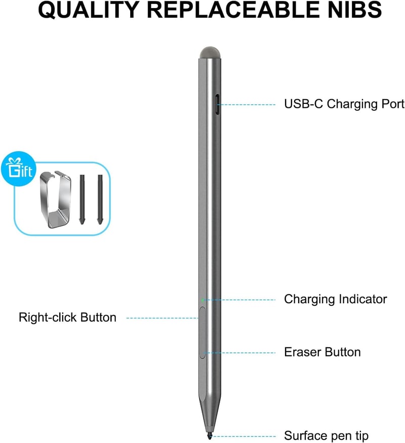 KOKABI Stylus Toll Microsoft Surface Készülékekhez - 1024 Nyomásérzékenységi Szint, Radír Funkcióval, Dupla Mágnessel, Pro 3-9/X, Go 3, Ezüs