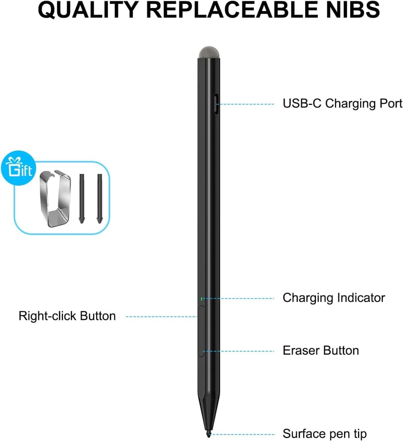 KOKABI Stylus Toll Microsoft Surface Készülékekhez - 1024 Nyomásérzékenységi Szint, Radír Funkcióval, Dupla Mágnessel, USB-C Gyorstöltéssel 